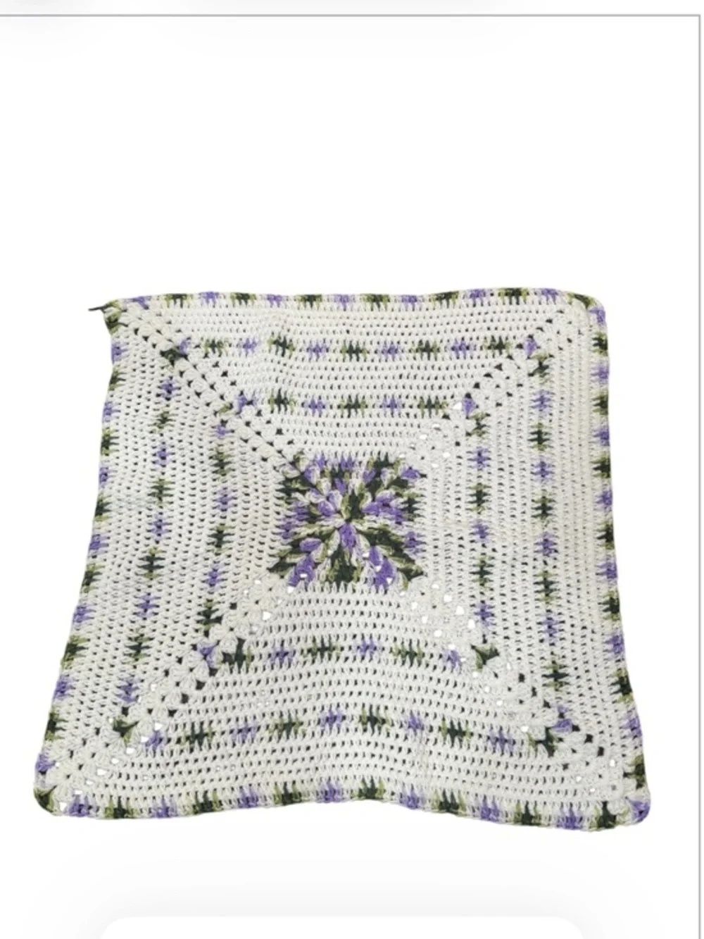 Crochet Square Blanket - White with Lavender & Green Accents 31